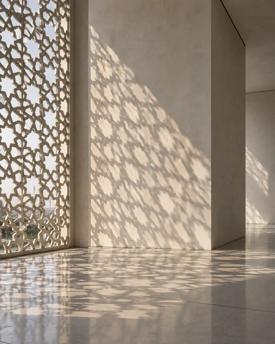 Sunlight passes through a carved lattice and falls in a pattern on the wall and floor